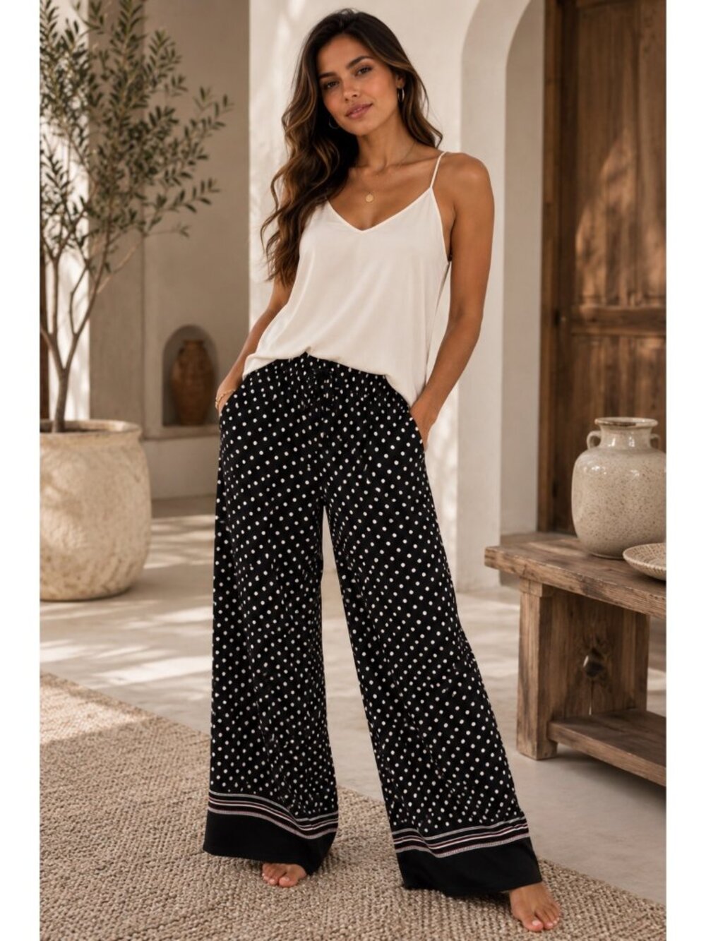 Trina Turk Silk Polka Dot Wide Leg Lounge Pants Black White Size Small